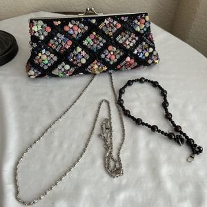 Black Multicolor Beaded Sequin Seed geometric Shoulder, Hand, Bag Clutch Purse -